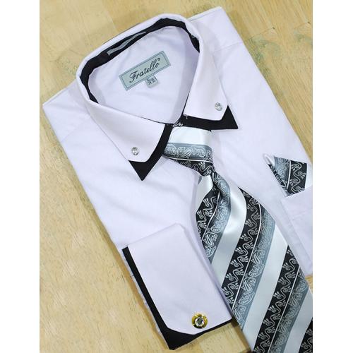 Fratello White / Black Double Collar With Rhinestones And French Cuffs Shirt/Tie/Hanky Set With Free Cufflinks FRV4111P2